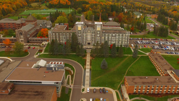 Aerial of Tower Hall and the Science Center on St. Scholastica Duluth Campus.