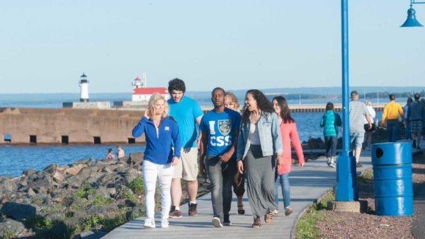 St. Scholastica students walking along Lake Superior in Canal Park, Duluth, MN.